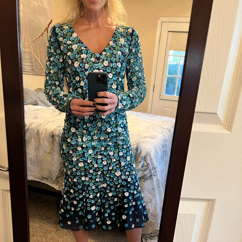 Michael Kors Collection Long Sleeve Blue Dress with Flower Sequin Details